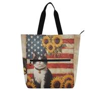 Borsa per libri con bandiera americana con simpatico gatto girasoli borsa artistica per bambini ragazzi ragazze, borsa da spiaggia gotica leggera riutilizzabile con cerniera per scuola, shopping