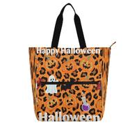Borsa per libri per bambini arancione con zucca felice di Halloween per ragazzi ragazze adulti borsa leggera per la spesa borsa da spiaggia con tasche con cerniera per scuola e tempo di gioco