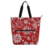Borsa per libri per bambini con motivo floreale rosso natalizio con fiocco di neve per ragazzi ragazze donne borsa della spesa riutilizzabile impermeabile con tasche con cerniera per la scuola