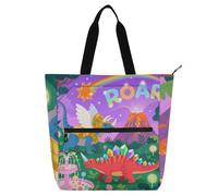 Borsa per libri per bambini con simpatico dinosauro e vulcano, per ragazzi, ragazze, adulti, leggera, riutilizzabile, con tasche con cerniera, per università, shopping, spiaggia