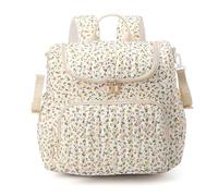 Borsa per pannolini trapuntata, zaino per pannolini floreale, spazioso zaino per mamma con tasche multiple, bianco con stampa floreale gialla