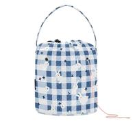Borsa per riporre i filati con piccoli coniglietti freschi, colore bianco e blu, con fori per lavori all'uncinetto