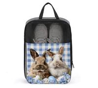 Borsa per scarpe da golf con due coniglietti e fiori a scacchi blu e bianchi, per uso quotidiano, anti-polvere, per scarpe da golf
