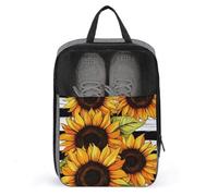 Borsa per scarpe da golf con girasoli su sfondo nero a righe bianche e nere per uso quotidiano anti-polvere