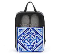 Borsa per scarpe da golf con motivo geometrico mediterraneo blu e bianco, decorativo, quadrato, per viaggi, uso quotidiano, anti-polvere, porta scarpe da golf