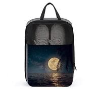 Borsa per scarpe da viaggio con stampa divertente, Borsa per scarpe con fantasia spiaggia tropicale con stella e luna piena con cerniera e manici, Borsa per scarpe grande portatile impermeabile e tra