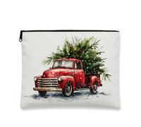 Borsa per trucchi a forma di camion di Natale, astuccio per cosmetici vintage con albero rosso pick-up per vacanze e viaggi, organizer portatile in tela con cerniera per articoli da toel, Rosso, 7x9
