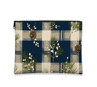 Borsa per trucchi a forma di pigna, borsa da viaggio per donne, borsa da viaggio per cosmetici botanici a quadri blu navy, piccola borsa portatile in tela con cerniera, borsa da toilette per la cura