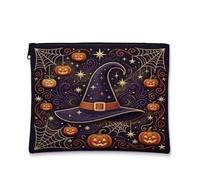 Borsa per trucchi a tema Halloween con cappello da strega, 17,8 x 2 | Spooky Season Style, trousse per cosmetici, motivi Jack-o-lantern, motivi mistici a stella, custodia da viaggio con cerniera