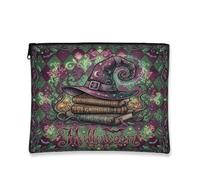 Borsa per trucchi a tema Halloween con cappello da strega e libri di | Motivo arlecchino, astuccio con cerniera per trucco, libri di incantesimi, estetica magica, atmosfera spettrale, tema occulto