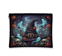 Borsa per trucchi a tema Halloween con cappello da strega spettrale, 17,8 x | Sfondo gotico della foresta, borsa cosmetica, accenti spettrali fantasma, fogliame autunnale, scena del cimitero spettrale