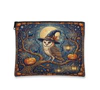 Borsa per trucchi a tema Halloween con gufo magico cappello da strega 18,3 | Fantasiosa scena della foresta, borsa cosmetica, notte al chiaro di luna, accenti jack-o'-lanterna, lanterna vintage luminosa