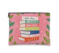 Borsa per trucchi a tema libro, graziosa borsa da viaggio per cosmetici letterari da donna, piccola borsa portatile in tela con cerniera, regalo per gli amanti dei libri, Pesca, 7x9 Inch