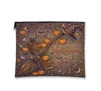 Borsa per trucchi a tema stregoneria Halloween con scopa da stregoneria | Estetica della stregoneria, sacchetto della cerniera del trucco, motivi del libro degli incantesimi, arte spettrale delle