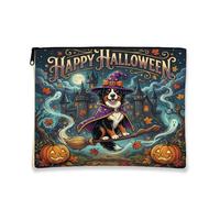 Borsa per trucchi con cane da montagna del Bernese di Halloween, borsa da viaggio divertente per le donne, piccola borsa portatile in tela con cerniera, borsa da toilette autunnale, 17,8 x 22,9 cm