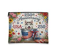 Borsa per trucchi con cane husky 250 anni, 4 luglio, borsa da viaggio in legno per donne e ragazze, piccola borsa portatile in tela con cerniera, borsa da toilette americana, 17,8 x 22,9 cm