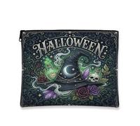 Borsa per trucchi con cappello da strega gotico con citazione di Halloween | Motivi floreali gotici, astuccio con cerniera per trucco, bottiglie di elisir mistico, accenti di teschio