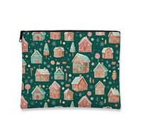 Borsa per trucchi con case di pan di zenzero, graziosa borsa da viaggio per cosmetici da donna, piccola borsa portatile in tela con cerniera, borsa da toilette natalizia per la cura della pelle, Verde