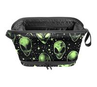 Borsa per trucchi con cerniera, portatile, da viaggio, per donne, teste di alieni, organizer per trucco verde, panno Oxford impermeabile, Multi, 27x15x14 cm/10.6x5.9x5.5 in, Astuccio per trucchi
