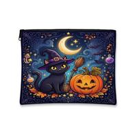Borsa per trucchi con citazione di Halloween con gatto stregone, Viola, 7x9 | Fantasiosa arte stregonica, borsa cosmetica, motivo Jack-o'-lantern, skyline notturno illuminato di luna