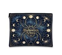 Borsa per trucchi con citazione estetica di Halloween con ragno celeste, 18 | Motivo celestiale con fasi lunari, borsa per cosmetici, ragnatela mistica dorata, organizzazione in stile gotico
