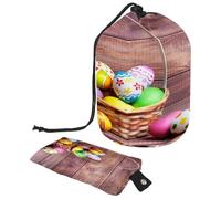 Borsa per trucchi con coulisse, a forma di barile, borsa per cosmetici da viaggio, borsa per il trucco, organizer pieghevole per articoli da toeletta per donne e ragazze, motivo uova di Pasqua felici,