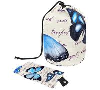 Borsa per trucchi con coulisse, a forma di barile, borsa per cosmetici da viaggio, borsa per il trucco, organizer pieghevole per articoli da toeletta per donne e ragazze, farfalla blu su testo scritto