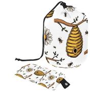 Borsa per trucchi con coulisse, a forma di barile, borsa per cosmetici da viaggio, borsa per il trucco, organizer pieghevole per articoli da toeletta per donne e ragazze, motivo: ape volante e api,