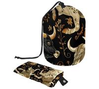 Borsa per trucchi con coulisse, a forma di barile, borsa per cosmetici da viaggio, borsa per il trucco, organizer pieghevole per articoli da toeletta per donne e ragazze, motivo floreale barocco con