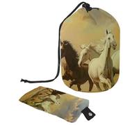 Borsa per trucchi con coulisse, a forma di barile, borsa per cosmetici da viaggio, borsa per il trucco, organizer pieghevole per articoli da toeletta per donne e ragazze, con cavalli al galoppo nel
