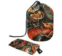 Borsa per trucchi con coulisse, a forma di barile, borsa per cosmetici da viaggio, borsa per il trucco, organizer pieghevole per articoli da toeletta per donne e ragazze, drago rosso e verde, Multi,