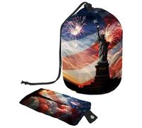 Borsa per trucchi con coulisse, a forma di barile, borsa per cosmetici da viaggio, borsa per il trucco, organizer pieghevole per articoli da toeletta per donne e ragazze, motivo statua della libertà,