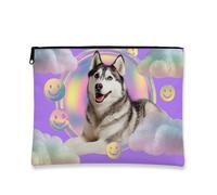 Borsa per trucchi con husky siberiano, graziosa borsa da viaggio per donne, piccola borsa portatile in tela con cerniera, regalo per gli amanti degli animali, compleanno e vacanze, Viola, 7x9 Inch