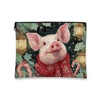 Borsa per trucchi con maiale, lanterna per le vacanze, borsa da viaggio per donne, piccola borsa portatile in tela con cerniera, borsa da toilette natalizia per la cura della pelle, Pesca, 7x9 Inch