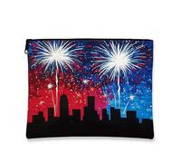 Borsa per trucchi con motivo fuochi d'artificio, vivace paesaggio urbano colorato, con cerniera, borsa da viaggio in tela portatile per donne, organizer regalo per feste, Colorato, 7x9 Inch, Fuochi