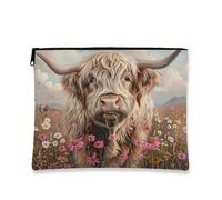 Borsa per trucchi con mucca delle Highland, borsa da viaggio per cosmetici, con stampa floreale, per donne, piccola borsa portatile in tela con cerniera, per primavera ed estate, Multicolore, 7x9 Inch
