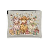 Borsa per trucchi con mucche natalizie, borsa per cosmetici vintage fantasiosa per donne, organizer portatile in tela con cerniera, borsa da toilette per le vacanze, Grigio, 7x9 Inch, Mucche