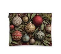 Borsa per trucchi con ornamenti natalizi, astuccio per cosmetici vintage da donna, organizer portatile in tela con cerniera, borsa da toilette per la cura della pelle, Rosso, 7x9 Inch, Ornamenti