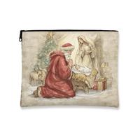 Borsa per trucchi con presepe natalizio, borsa per cosmetici religiosa vintage da donna, organizer portatile in tela con cerniera, borsa da toilette per la cura della pelle delle vacanze, Vintage, 7x9