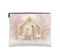 Borsa per trucchi con scena del presepe, color pesca pastello, borsa per cosmetici natalizia da donna, piccola borsa portatile in tela con cerniera, borsa da toilette per la cura della pelle delle