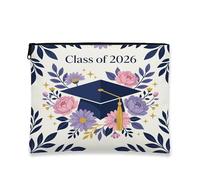 Borsa per trucchi con tappi di laurea, motivo floreale, borsa da viaggio per donne, regali per ragazze, classe 2026, piccola borsa portatile in tela con cerniera, 17,8 x 22,9 cm