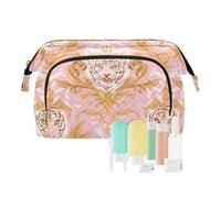 Borsa per trucchi con tigri dorate e pesche in stile cartone animato, grande, per organizzare le chiavi delle carte