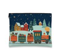 Borsa per trucchi con treno natalizio, borsa per cosmetici vintage fantasiosa per donne, organizer portatile in tela con cerniera, borsa da toilette per le vacanze, Blu, 7x9 Inch