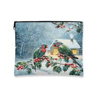 Borsa per trucchi con uccelli invernali, con pappagalli verdi, borsa da viaggio per cosmetici, da donna, piccola borsa portatile in tela con cerniera, 17,8 x 22,9