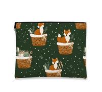 Borsa per trucchi con volpe, graziosa borsa da viaggio per cosmetici da donna, piccola borsa portatile in tela con cerniera, borsa da toilette per la cura della pelle delle vacanze, Verde, 7x9 Inch