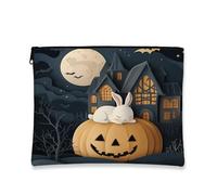 Borsa per trucchi con zucca di Halloween, fantasioso coniglio e casa stregata, astuccio per cosmetici da donna, organizer portatile in tela con cerniera, 17,8 x 22,9 cm