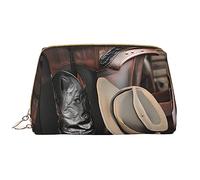 Borsa per trucchi da donna con cappello nero da cowboy, stivali western, grande capacità, borsa da viaggio in pelle PU con cerniera, organizer portatile e ampio, bianco, taglia unica