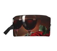 Borsa per trucchi da donna, con stampa a teschio, da viaggio, organizer per articoli da toeletta, grande capacità, con manico, Decorazione romantica per gli amanti della rosa rossa e del vino, Taglia