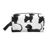 Borsa per trucchi da donna con stampa floreale a righe dorate, organizer per articoli da toeletta, grande capacità, con manico, Black Dogs - Cane bassotto, Taglia unica, Astuccio per trucchi