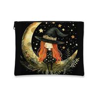 Borsa per trucchi da strega, borsa da viaggio per cosmetici da donna, piccola borsa portatile in tela con cerniera, borsa per la cura della pelle di Halloween, nero, 7x9 Inch